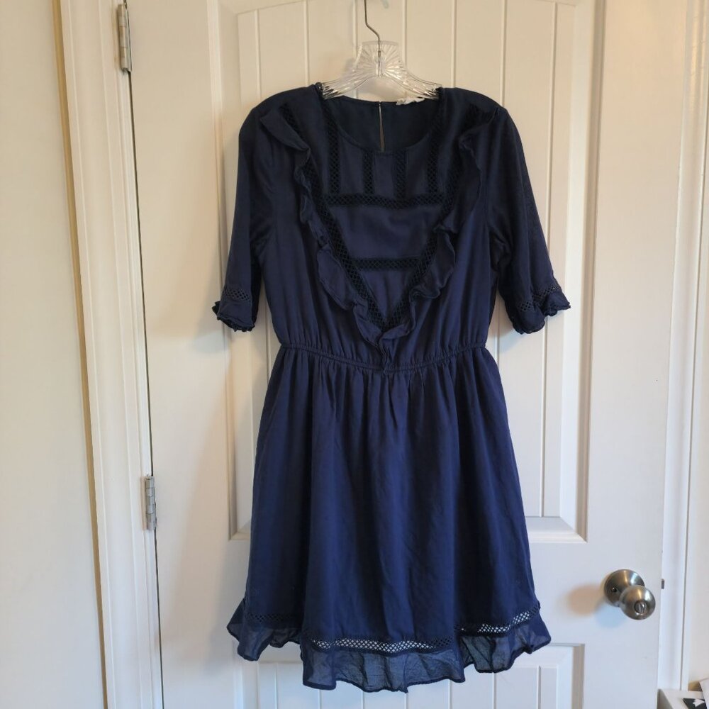 A Loves A Navy Blue Ruffle Trim Dress With Lace Details & Elbow-Length Sleeves M